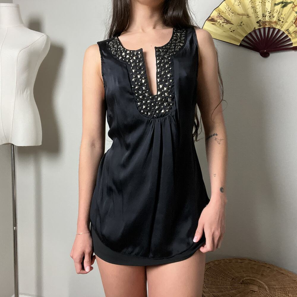 y2k hale bob black silk boho pyramid studded v neck tie flowy blouse tank top